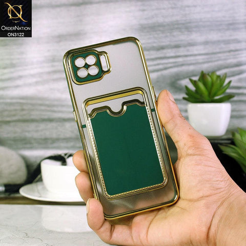 Oppo A73 Cover - Dark Green - Semi Transparent Golden Electroplated Soft Border Camera Protection Case With Card Holder