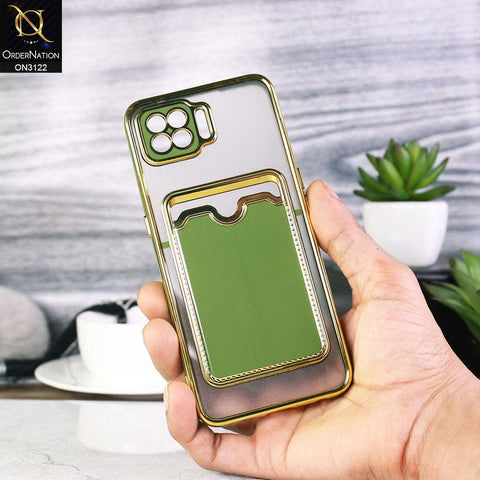 Oppo F17 Cover - Light Green - Semi Transparent Golden Electroplated Soft Border Camera Protection Case With Card Holder