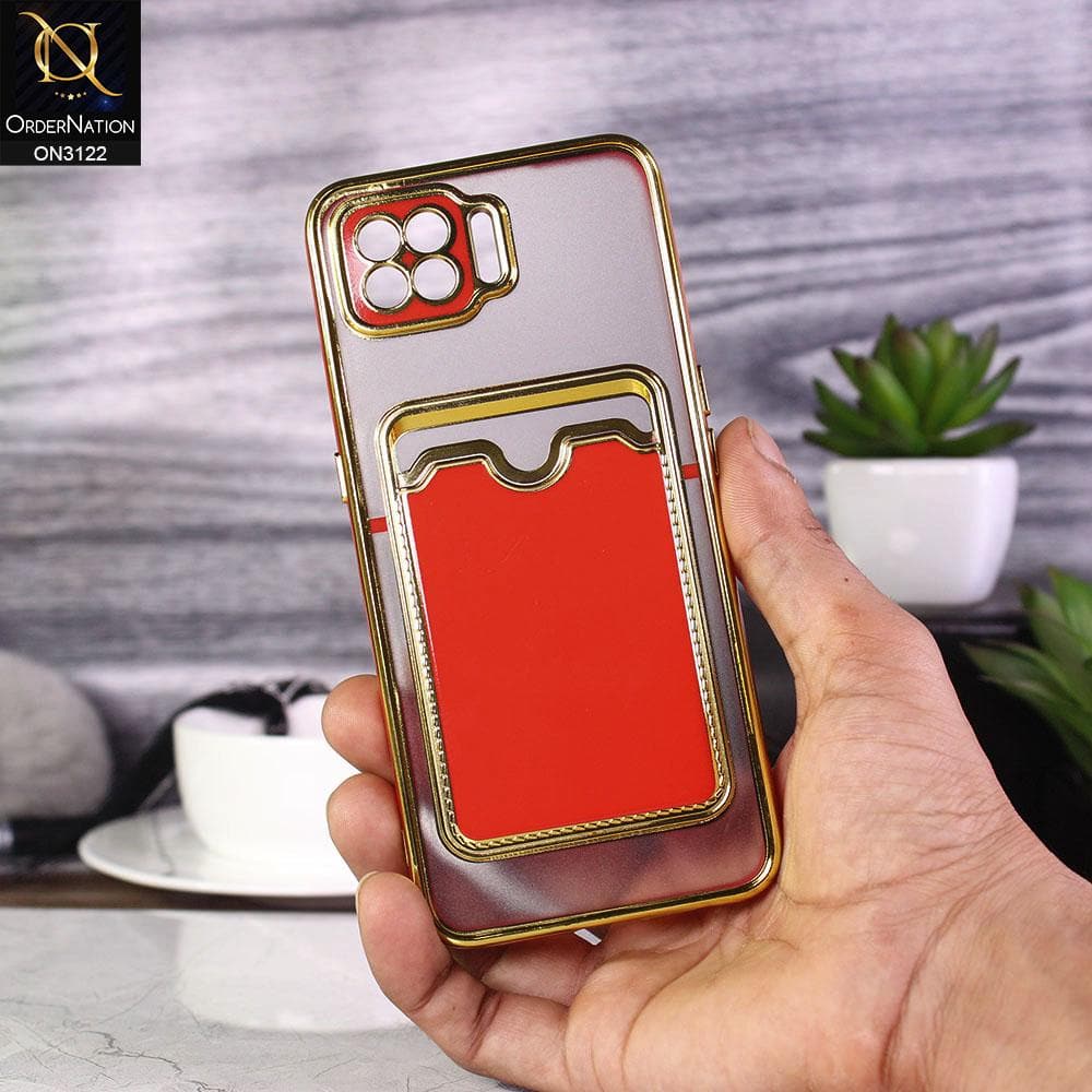 Oppo A73 Cover - Red - Semi Transparent Golden Electroplated Soft Border Camera Protection Case With Card Holder
