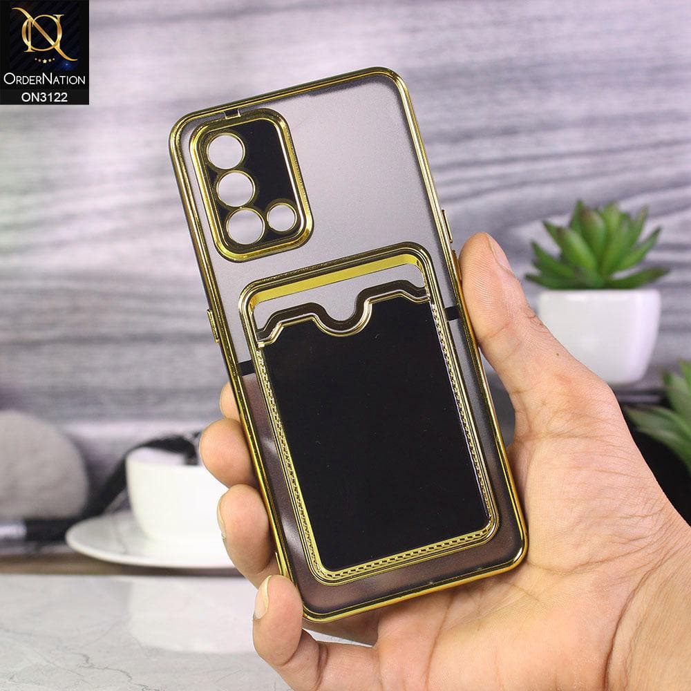 Oppo A74 Cover - Black - Semi Transparent Golden Electroplated Soft Border Camera Protection Case With Card Holder