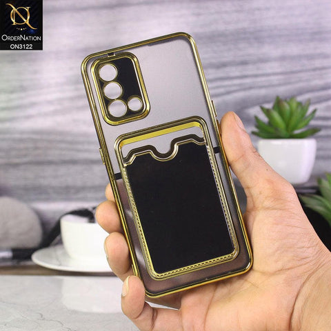Oppo A74 Cover - Black - Semi Transparent Golden Electroplated Soft Border Camera Protection Case With Card Holder