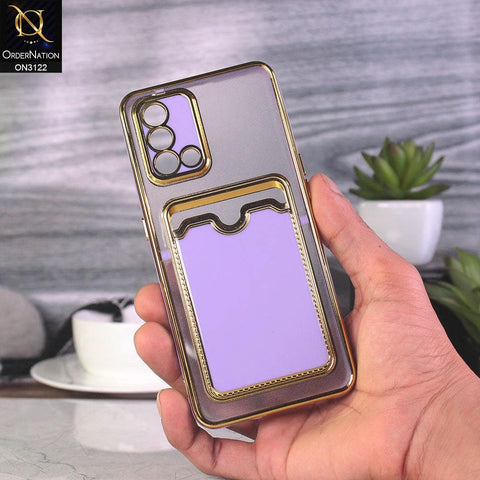 Oppo F19 Cover - Purple - Semi Transparent Golden Electroplated Soft Border Camera Protection Case With Card Holder