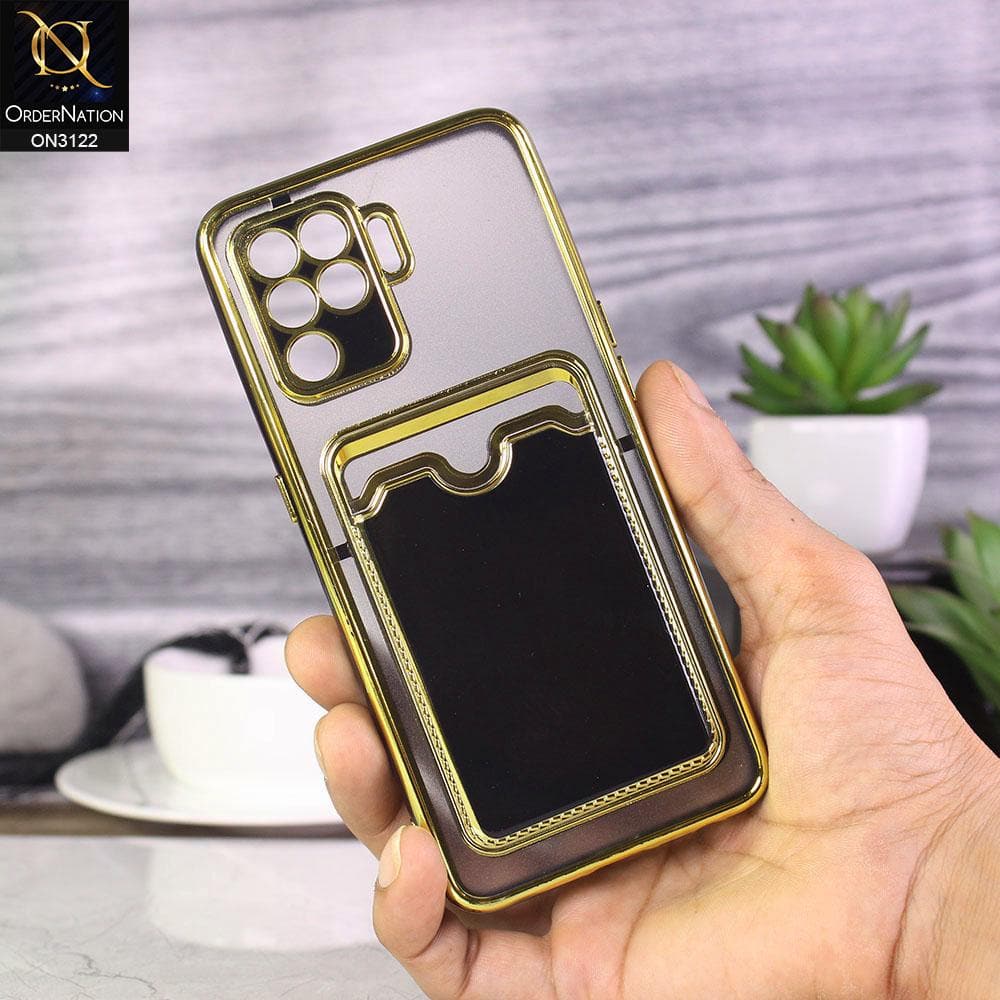 Oppo A94 Cover - Black - Semi Transparent Golden Electroplated Soft Border Camera Protection Case With Card Holder