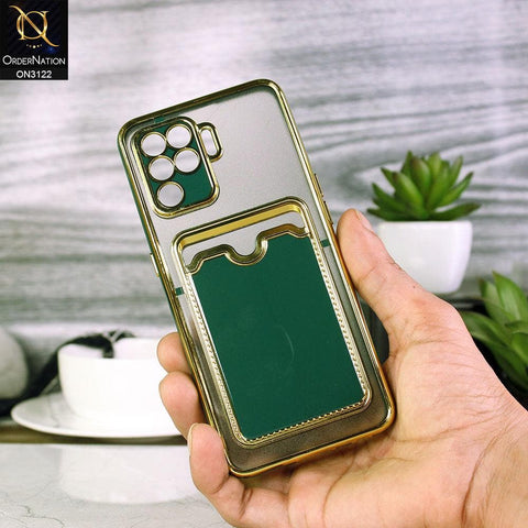 Oppo A94 Cover - Dark Green - Semi Transparent Golden Electroplated Soft Border Camera Protection Case With Card Holder