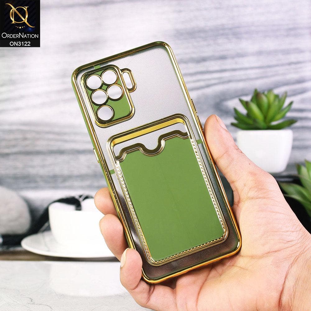 Oppo A94 Cover - Light Green - Semi Transparent Golden Electroplated Soft Border Camera Protection Case With Card Holder