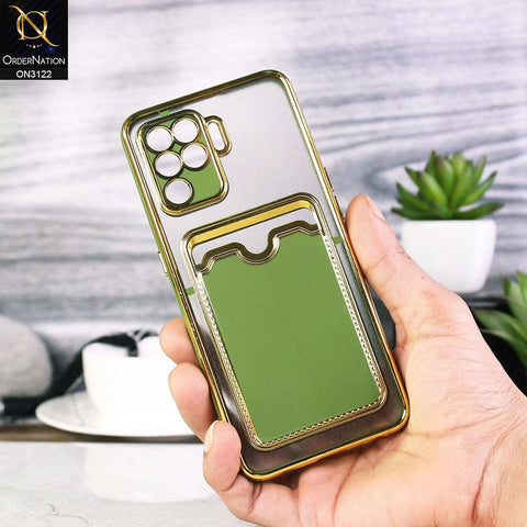 Oppo A94 Cover - Light Green - Semi Transparent Golden Electroplated Soft Border Camera Protection Case With Card Holder