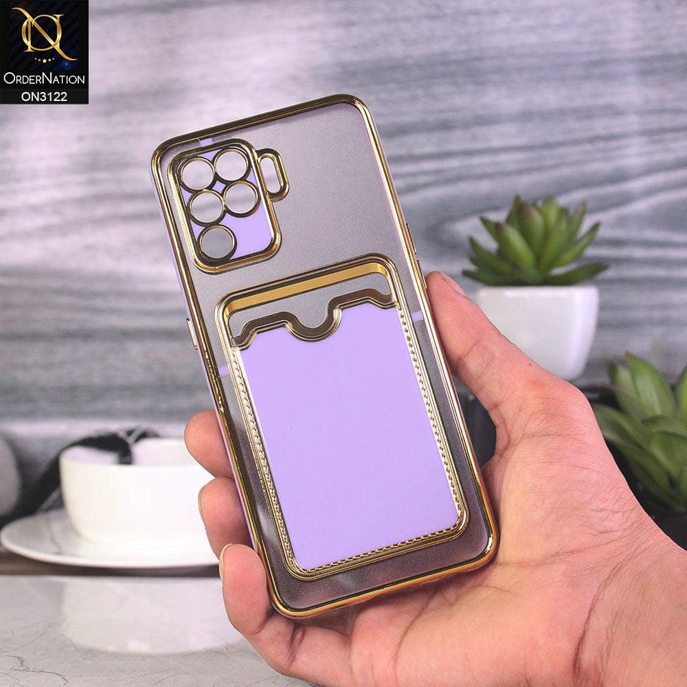 Oppo F19 Pro Cover - Purple - Semi Transparent Golden Electroplated Soft Border Camera Protection Case With Card Holder