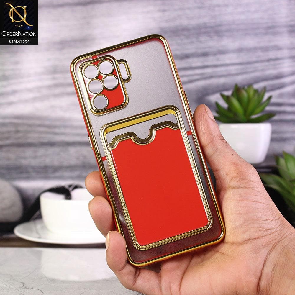 Oppo F19 Pro Cover - Red - Semi Transparent Golden Electroplated Soft Border Camera Protection Case With Card Holder