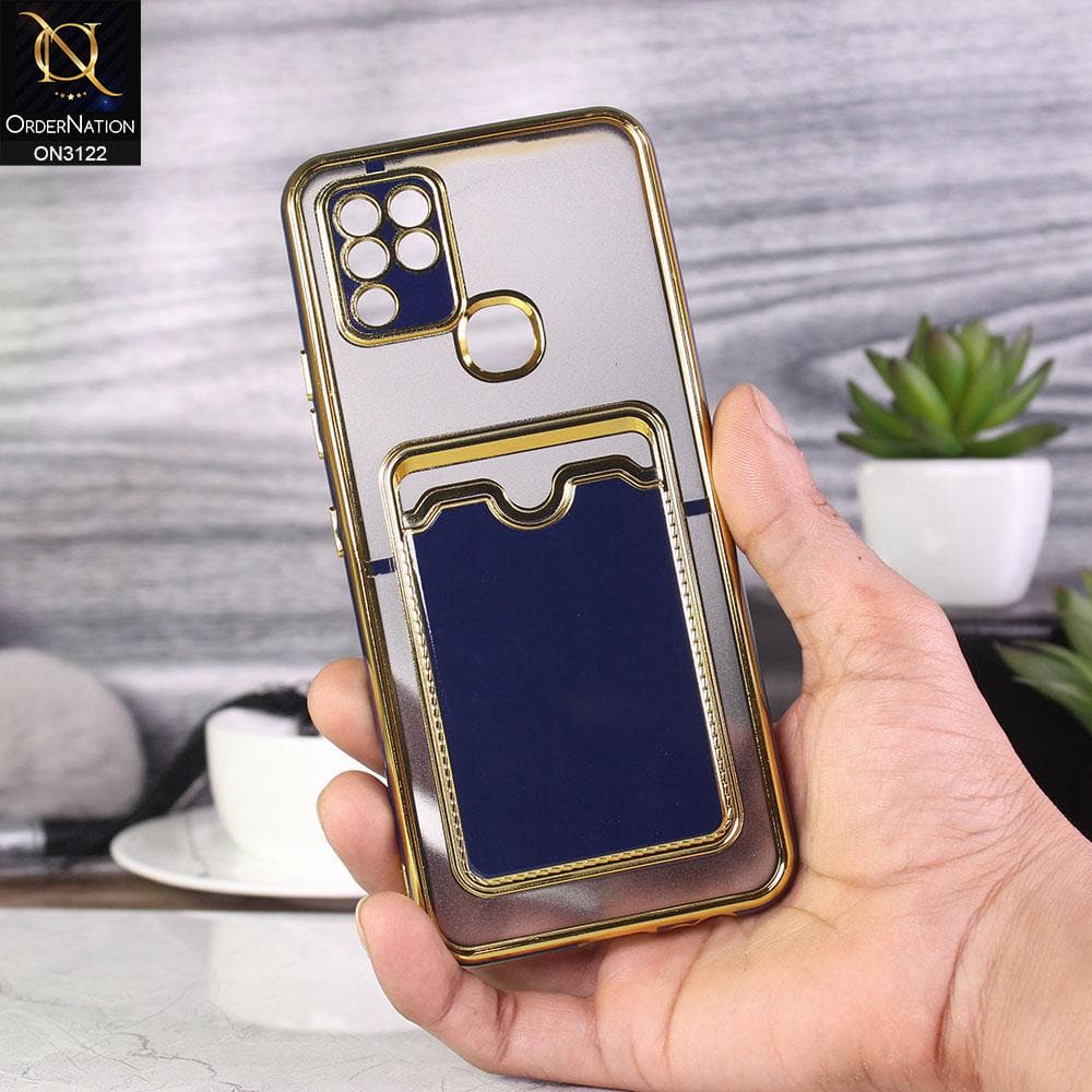 Infinix Hot 10s Cover - Blue - Semi Transparent Golden Electroplated Soft Border Camera Protection Case With Card Holder