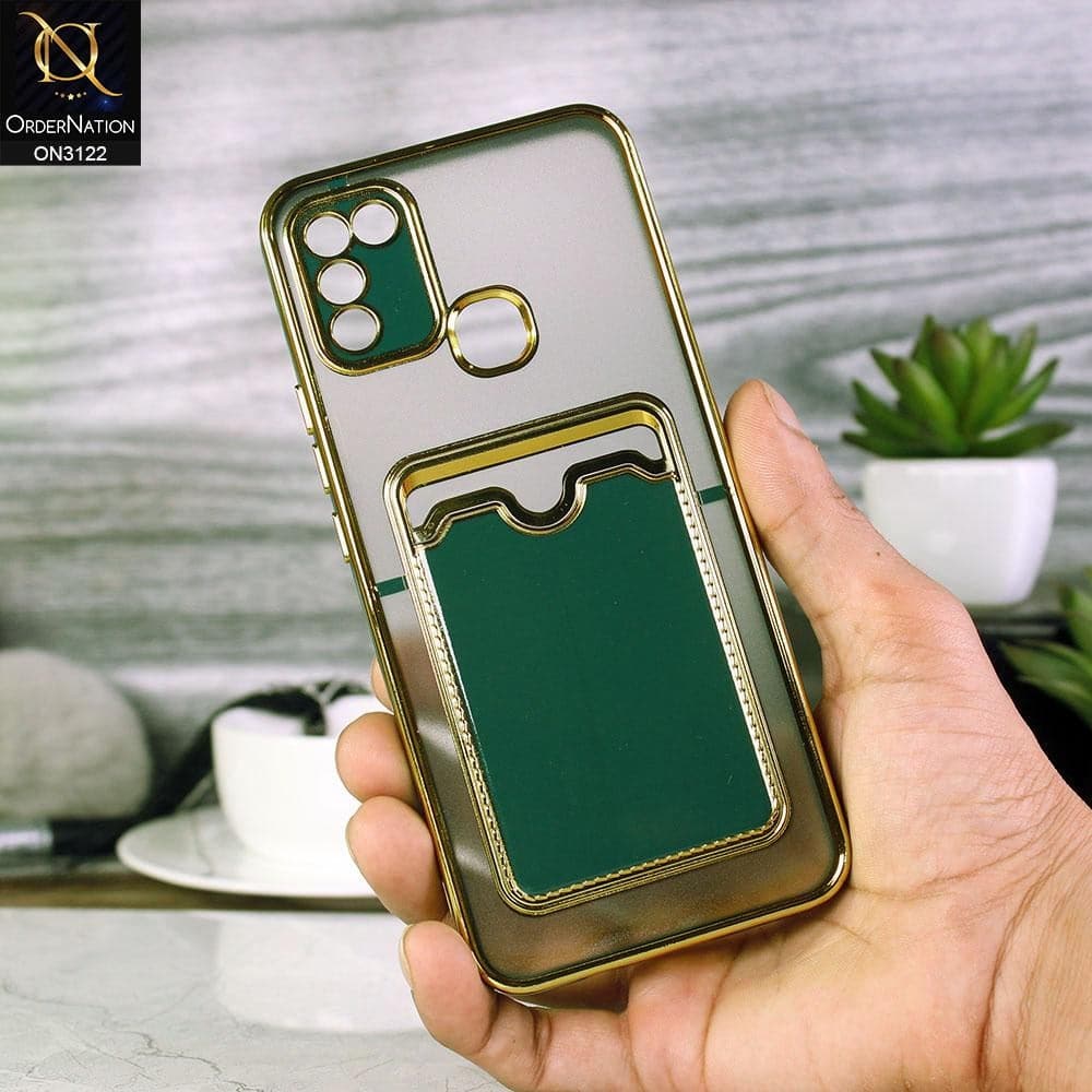 Infinix Hot 10 Play Cover - Dark Green - Semi Transparent Golden Electroplated Soft Border Camera Protection Case With Card Holder