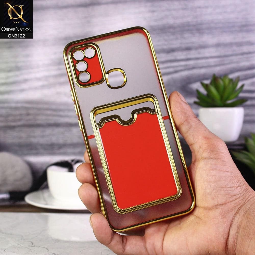 Infinix Hot 10 Play Cover - Red - Semi Transparent Golden Electroplated Soft Border Camera Protection Case With Card Holder