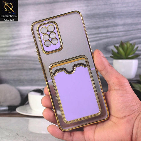 Infinix Note 10 Pro Cover - Purple - Semi Transparent Golden Electroplated Soft Border Camera Protection Case With Card Holder