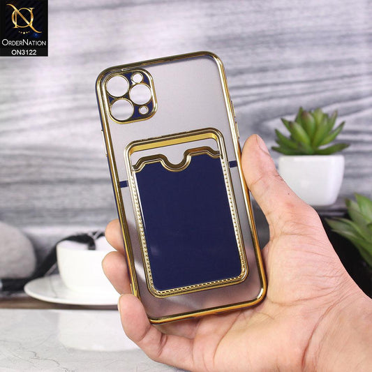 iPhone 11 Pro Max Cover - Blue - Semi Transparent Golden Electroplated Soft Border Camera Protection Case With Card Holder