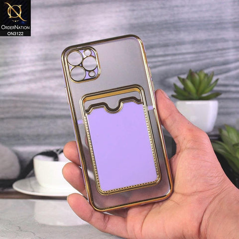 iPhone 11 Pro Max Cover - Purple - Semi Transparent Golden Electroplated Soft Border Camera Protection Case With Card Holder