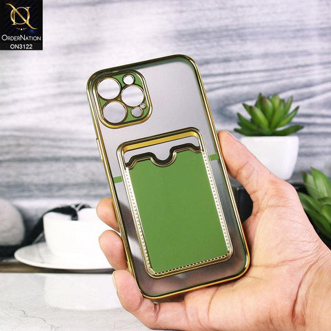 iPhone 12 Pro Max Cover - Light Green - Semi Transparent Golden Electroplated Soft Border Camera Protection Case With Card Holder