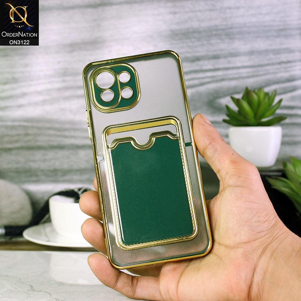 Xiaomi Mi 11 Lite Cover - Dark Green - Semi Transparent Golden Electroplated Soft Border Camera Protection Case With Card Holder
