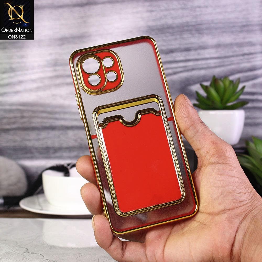 Xiaomi Mi 11 Lite Cover - Red - Semi Transparent Golden Electroplated Soft Border Camera Protection Case With Card Holder