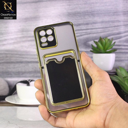 Realme 8 Cover - Black - Semi Transparent Golden Electroplated Soft Border Camera Protection Case With Card Holder