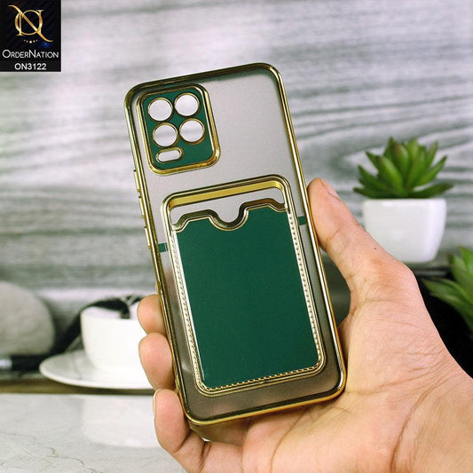 Realme 8 Cover - Dark Green - Semi Transparent Golden Electroplated Soft Border Camera Protection Case With Card Holder
