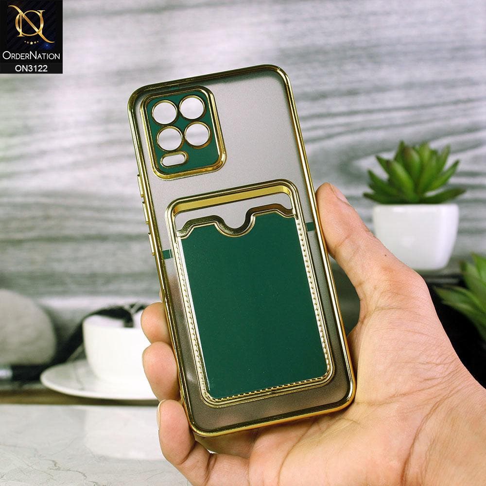 Realme 8 Pro Cover - Dark Green - Semi Transparent Golden Electroplated Soft Border Camera Protection Case With Card Holder