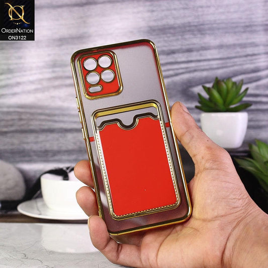 Realme 8 Cover - Red - Semi Transparent Golden Electroplated Soft Border Camera Protection Case With Card Holder