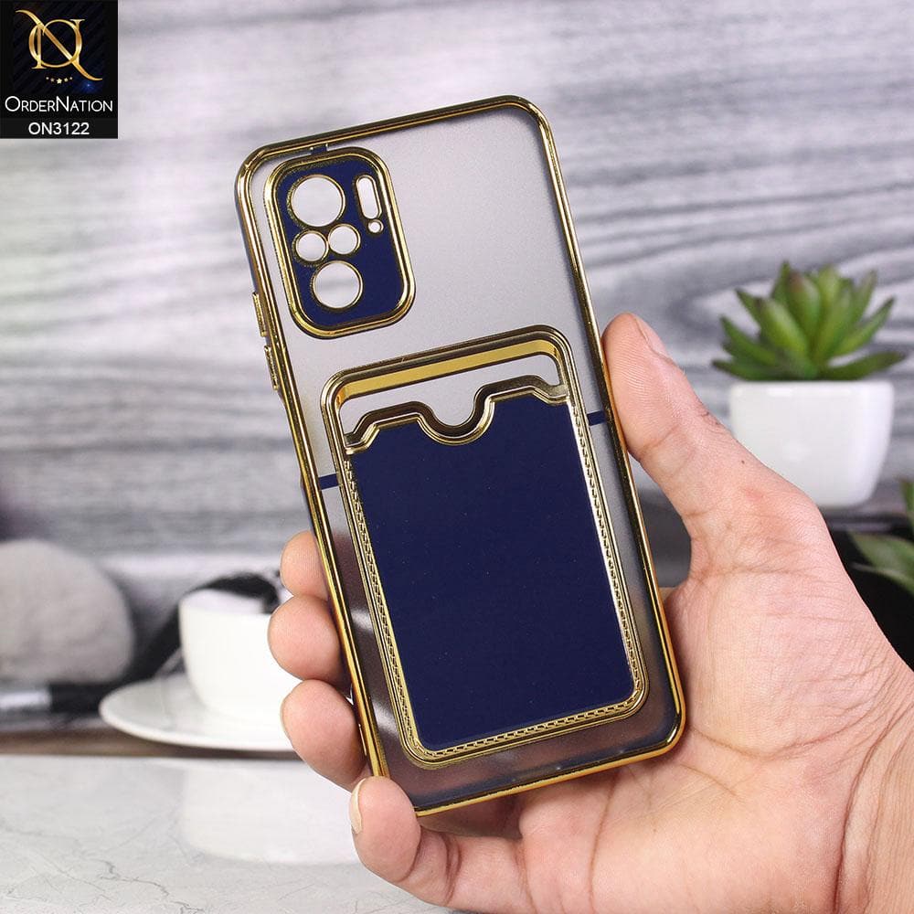 Xiaomi Redmi Note 10 4G Cover - Blue - Semi Transparent Golden Electroplated Soft Border Camera Protection Case With Card Holder