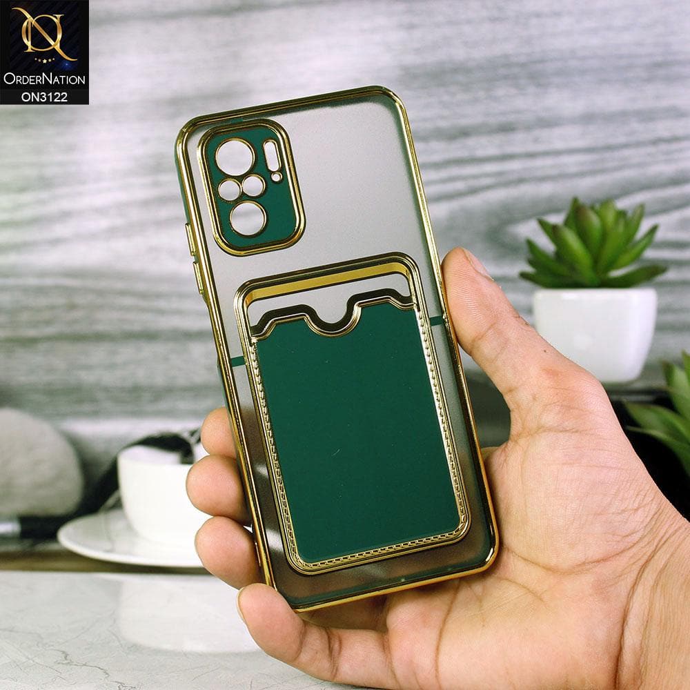 Xiaomi Redmi Note 10 4G Cover - Dark Green - Semi Transparent Golden Electroplated Soft Border Camera Protection Case With Card Holder