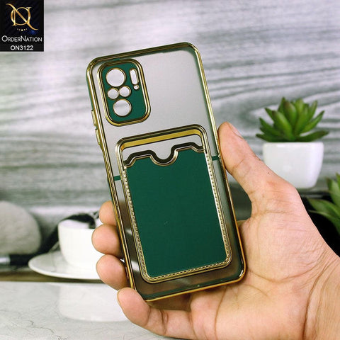 Xiaomi Redmi Note 10S Cover - Dark Green - Semi Transparent Golden Electroplated Soft Border Camera Protection Case With Card Holder