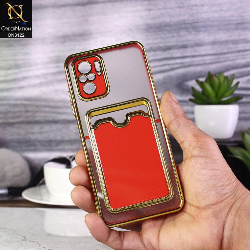 Xiaomi Redmi Note 10 4G Cover - Red - Semi Transparent Golden Electroplated Soft Border Camera Protection Case With Card Holder