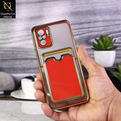 Xiaomi Redmi Note 10 4G Cover - Red - Semi Transparent Golden Electroplated Soft Border Camera Protection Case With Card Holder