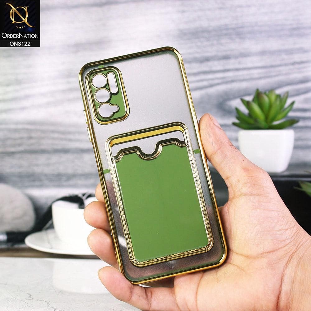 Xiaomi Redmi Note 10 5G Cover - Light Green - Semi Transparent Golden Electroplated Soft Border Camera Protection Case With Card Holder