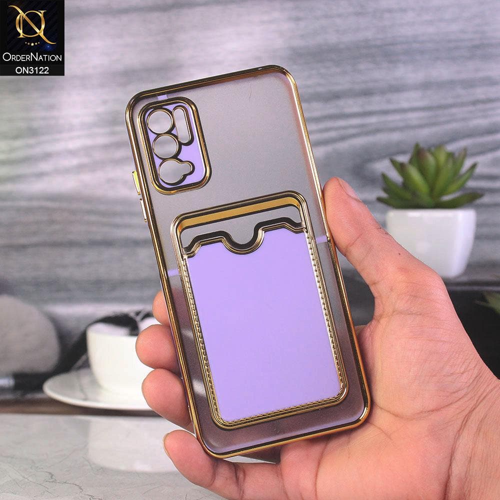 Xiaomi Redmi Note 10 5G Cover - Purple - Semi Transparent Golden Electroplated Soft Border Camera Protection Case With Card Holder