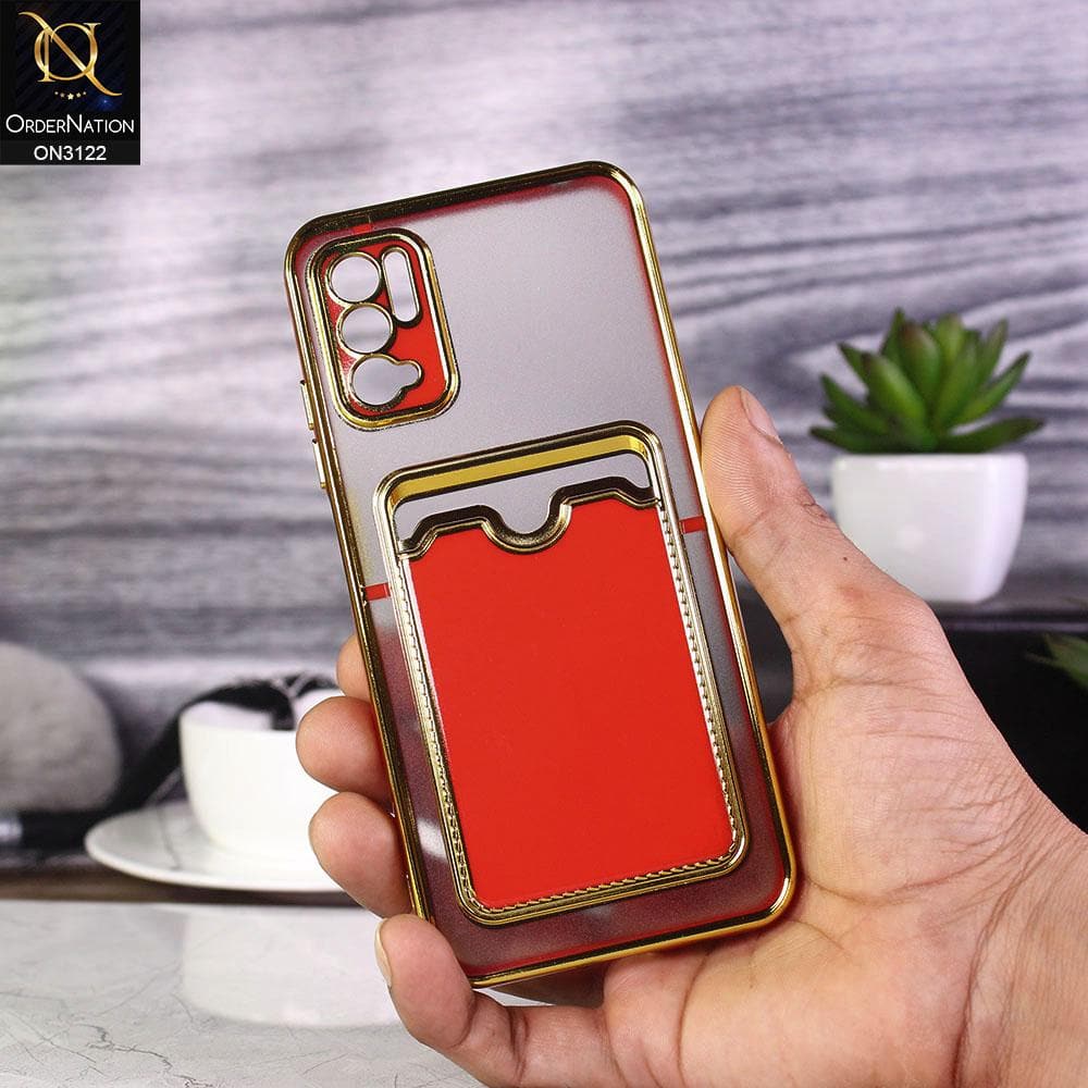 Xiaomi Redmi Note 10 5G Cover - Red - Semi Transparent Golden Electroplated Soft Border Camera Protection Case With Card Holder