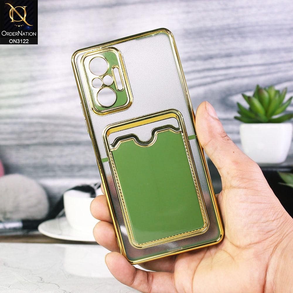 Xiaomi Redmi Note 10 Pro Max Cover - Light Green - Semi Transparent Golden Electroplated Soft Border Camera Protection Case With Card Holder