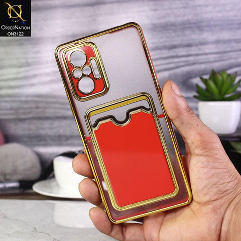 Xiaomi Redmi Note 10 Pro 4G Cover - Red - Semi Transparent Golden Electroplated Soft Border Camera Protection Case With Card Holder
