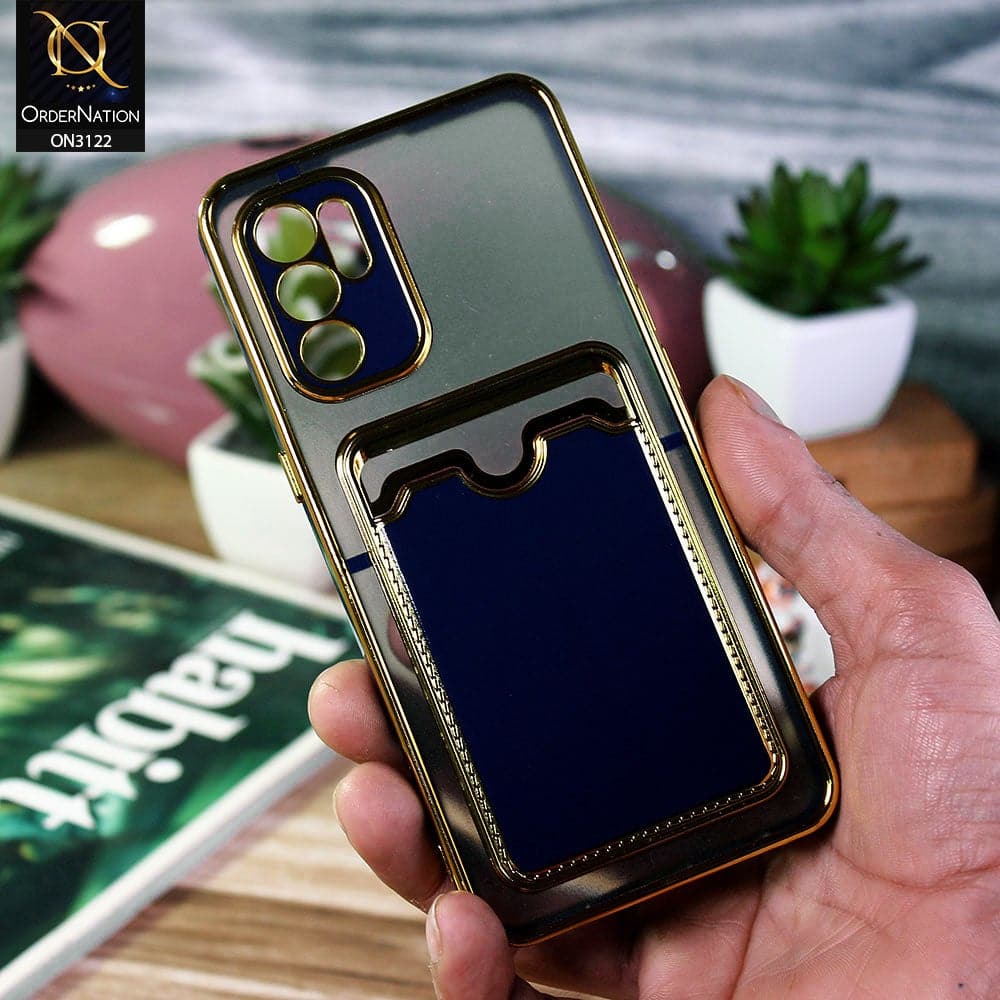 Oppo Reno 6 Cover - Blue - Semi Transparent Golden Electroplated Soft Border Camera Protection Case With Card Holder