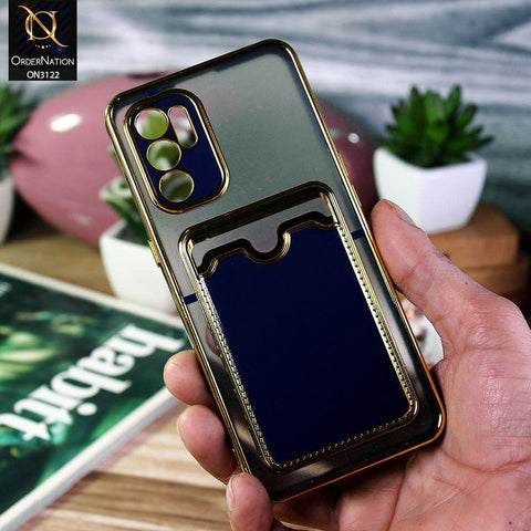 Oppo Reno 6 Cover - Blue - Semi Transparent Golden Electroplated Soft Border Camera Protection Case With Card Holder