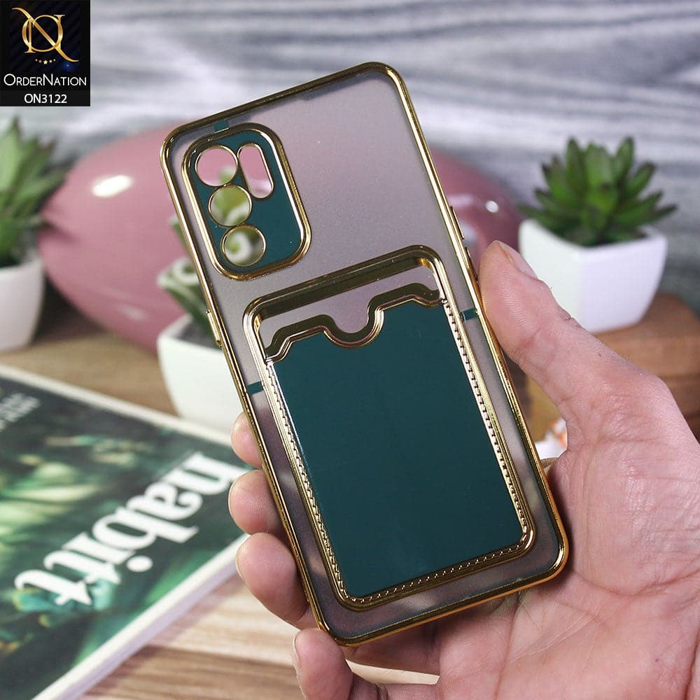 Oppo Reno 6 Cover - Dark Green - Semi Transparent Golden Electroplated Soft Border Camera Protection Case With Card Holder