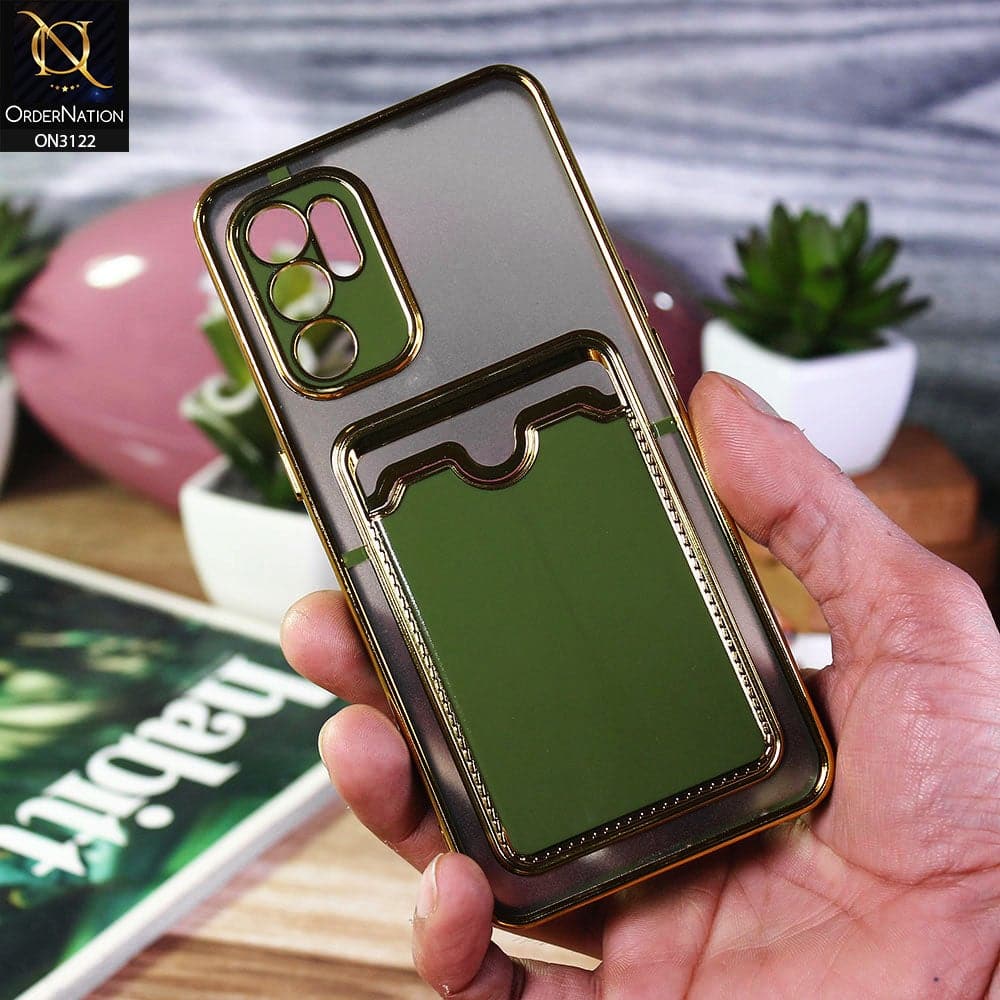 Oppo Reno 6 Cover - Light Green - Semi Transparent Golden Electroplated Soft Border Camera Protection Case With Card Holder
