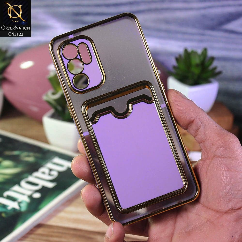 Oppo Reno 6 Cover - Purple - Semi Transparent Golden Electroplated Soft Border Camera Protection Case With Card Holder