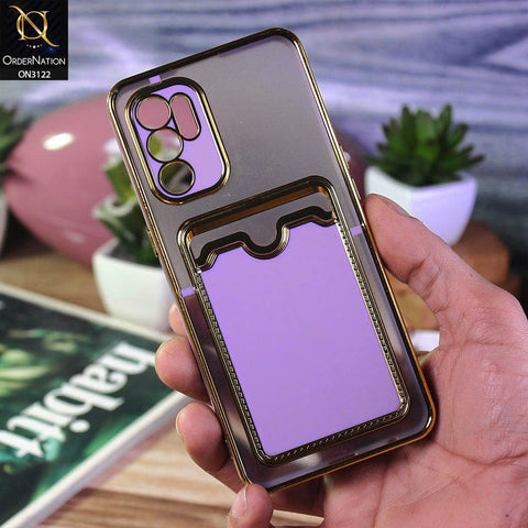 Oppo Reno 6 Cover - Purple - Semi Transparent Golden Electroplated Soft Border Camera Protection Case With Card Holder