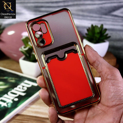 Oppo Reno 6 Cover - Red - Semi Transparent Golden Electroplated Soft Border Camera Protection Case With Card Holder