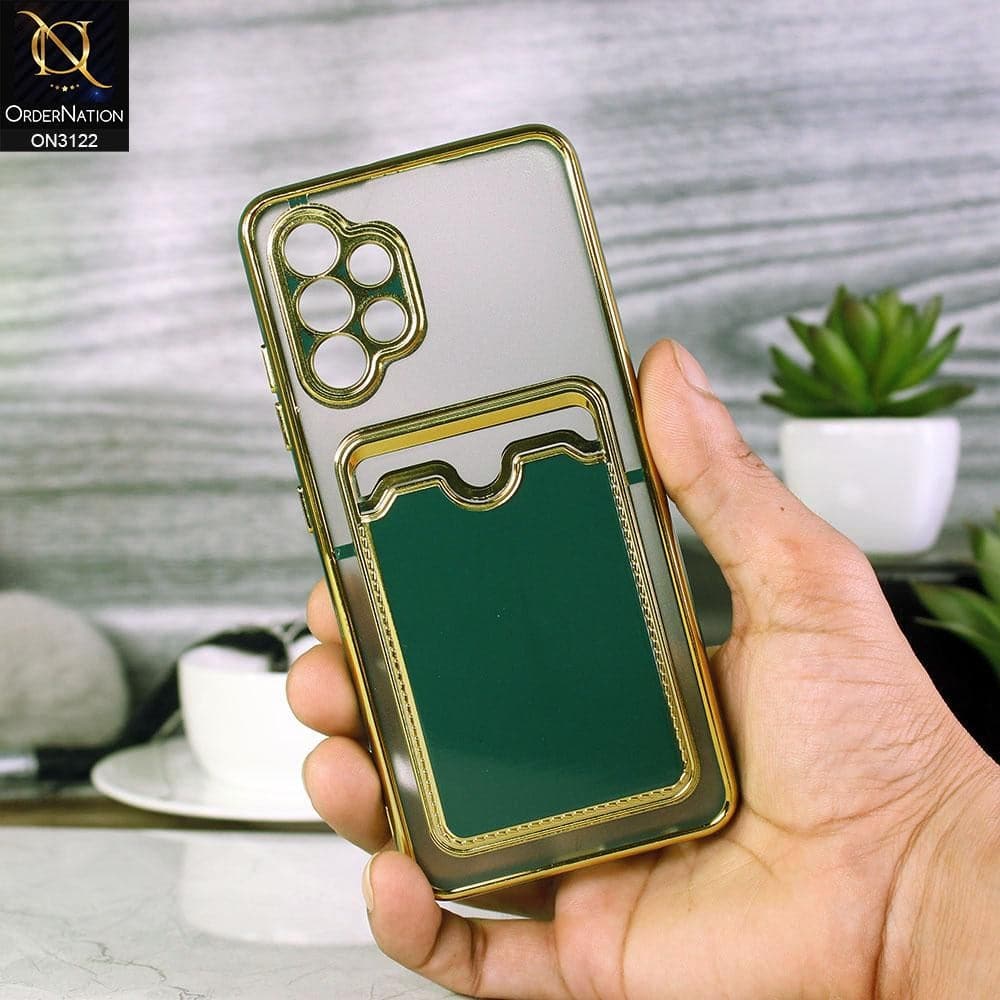 Samsung Galaxy A32 4G Cover - Dark Green - Semi Transparent Golden Electroplated Soft Border Camera Protection Case With Card Holder