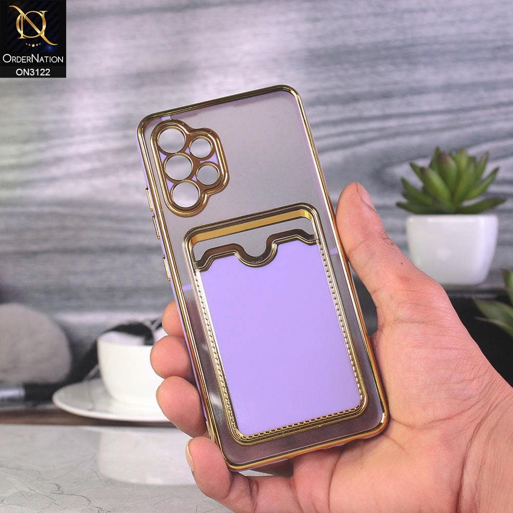 Samsung Galaxy A32 4G Cover - Purple - Semi Transparent Golden Electroplated Soft Border Camera Protection Case With Card Holder