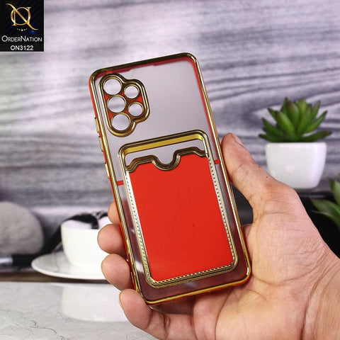 Samsung Galaxy A32 4G Cover - Red - Semi Transparent Golden Electroplated Soft Border Camera Protection Case With Card Holder