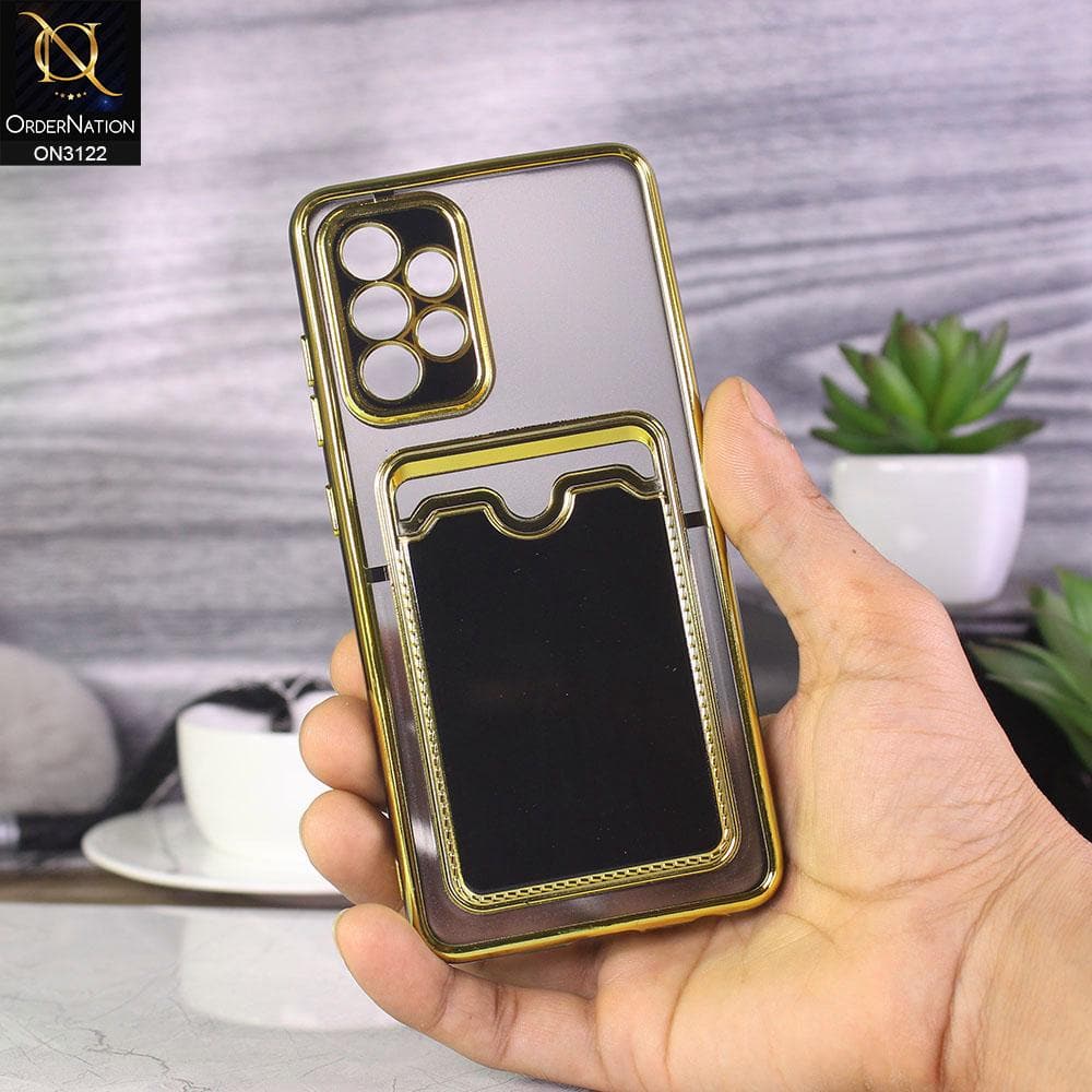 Samsung Galaxy A52 Cover - Black - Semi Transparent Golden Electroplated Soft Border Camera Protection Case With Card Holder
