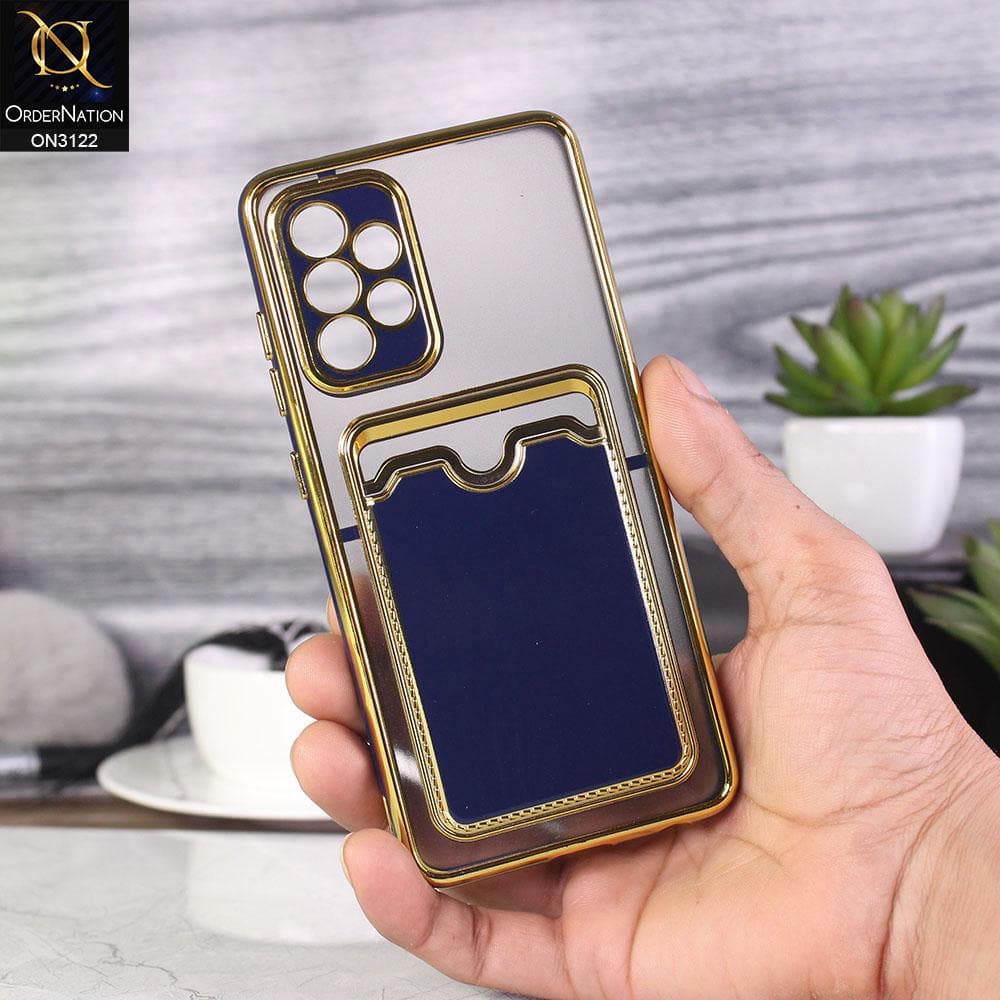 Samsung Galaxy A52 Cover - Blue - Semi Transparent Golden Electroplated Soft Border Camera Protection Case With Card Holder