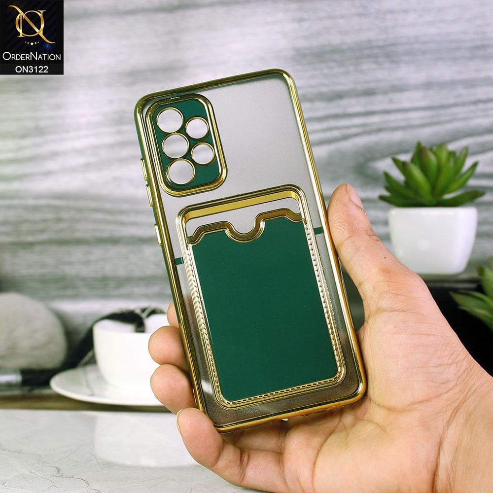 Samsung Galaxy A52 Cover - Dark Green - Semi Transparent Golden Electroplated Soft Border Camera Protection Case With Card Holder