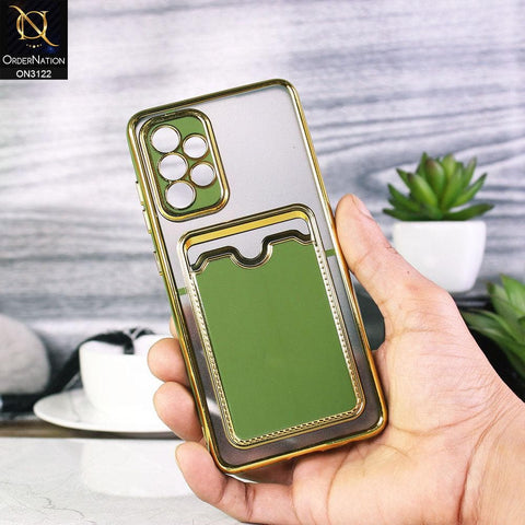 Samsung Galaxy A52 Cover - Light Green - Semi Transparent Golden Electroplated Soft Border Camera Protection Case With Card Holder