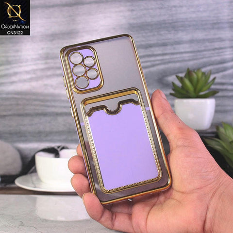 Samsung Galaxy A52 Cover - Purple - Semi Transparent Golden Electroplated Soft Border Camera Protection Case With Card Holder